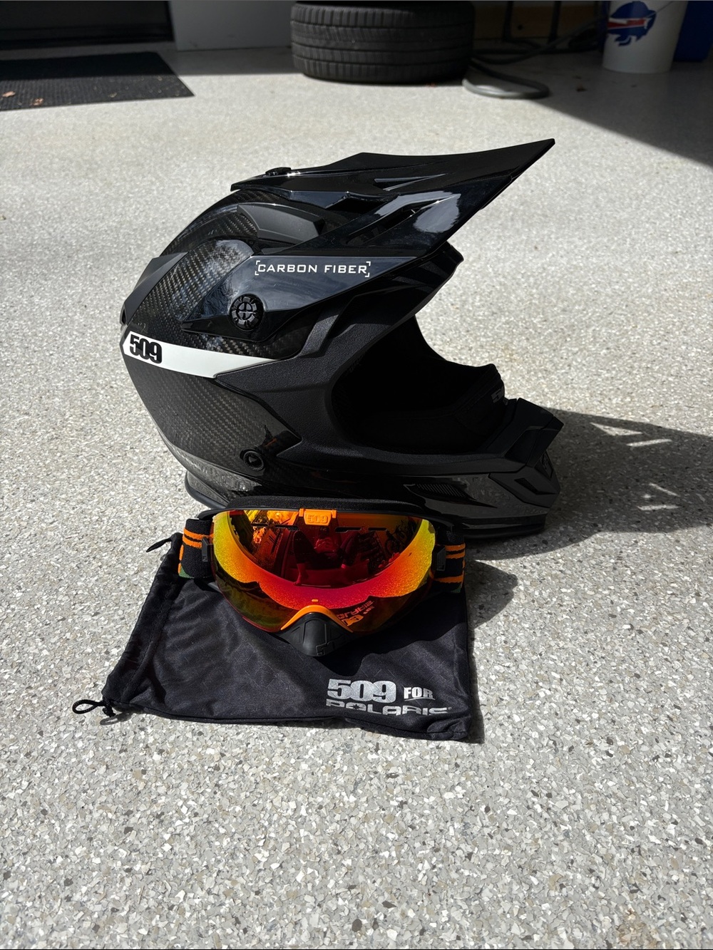 Carbon Fiber Full-Face Helmet with Orange Mirrored Goggles